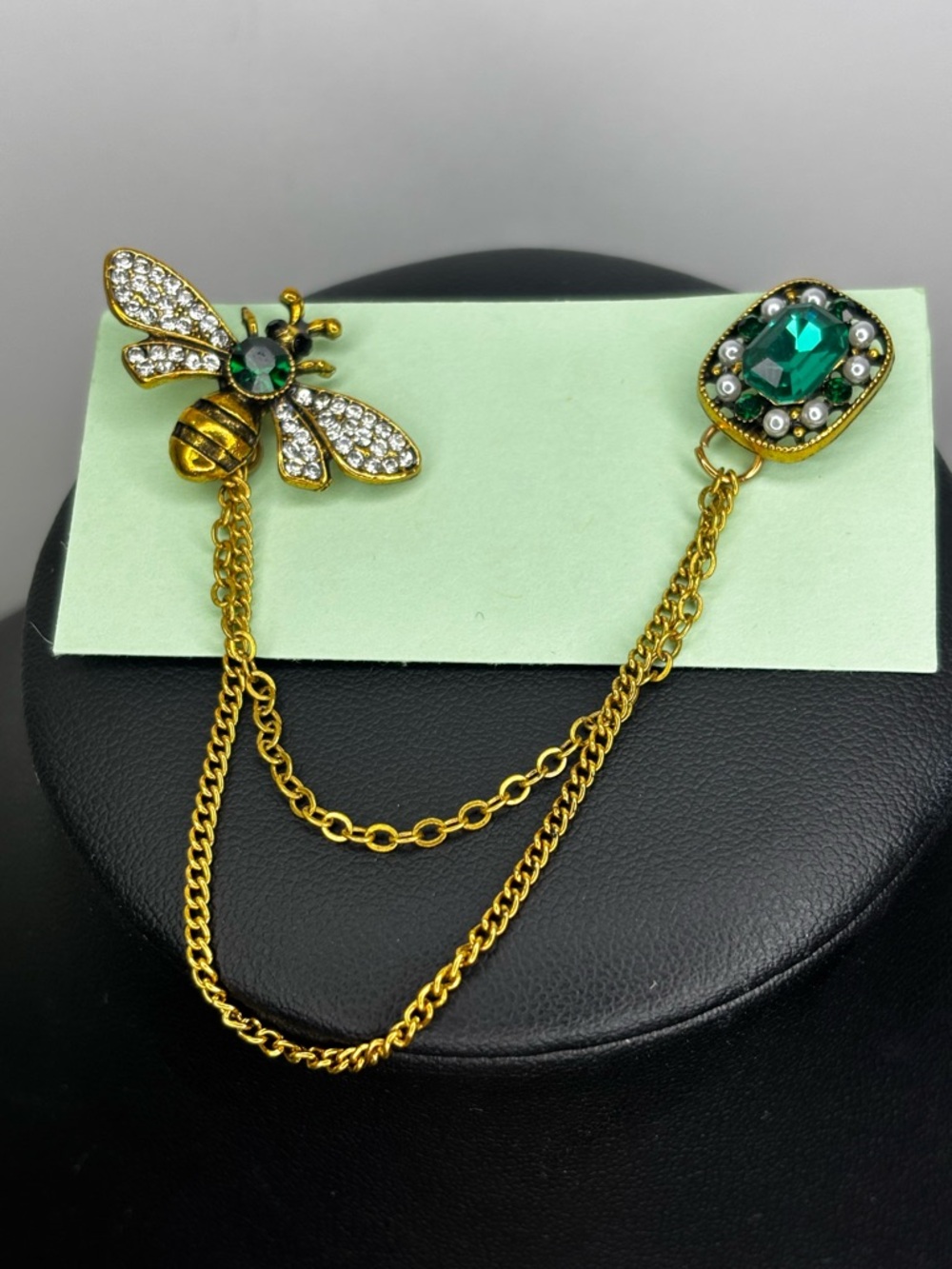 Gold Bee Chain Collar Pin with Emerald Accents